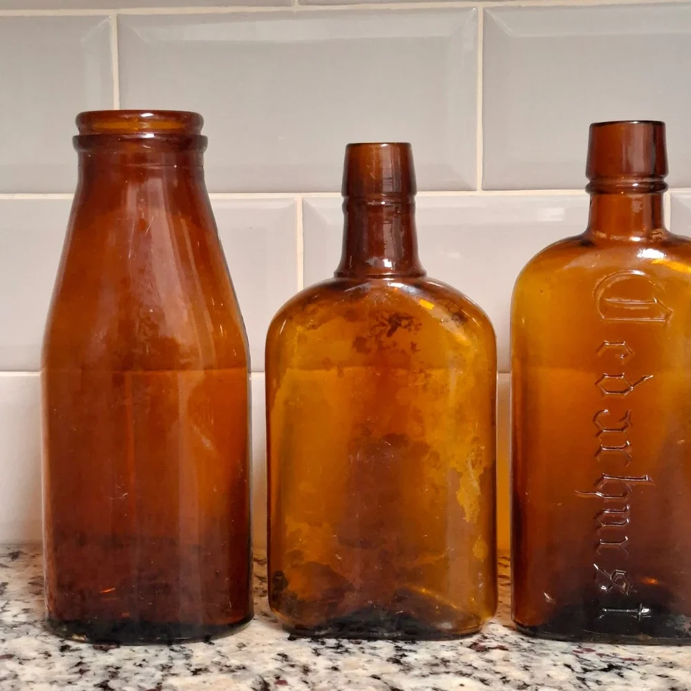Antique Bottle Digging Lot 4 Dug Amber Whiskey Flask Milk Medicine 1914-1950
